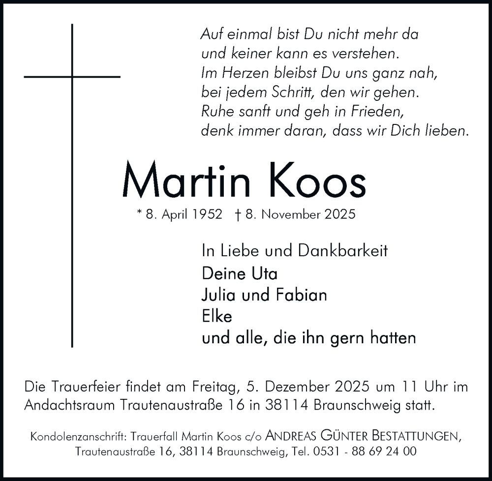  Traueranzeige für Martin Koos vom 15.11.2025 aus Braunschweiger Zeitung