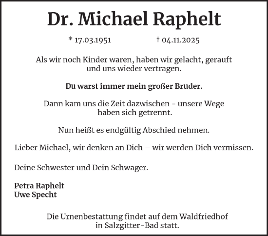 Traueranzeige von Michael Raphelt von Salzgitter-Zeitung