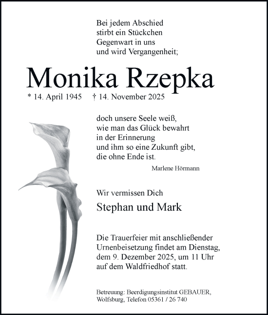 Traueranzeige von Monika Rzepka von Braunschweiger Zeitung, Wolfsburger Nachrichten