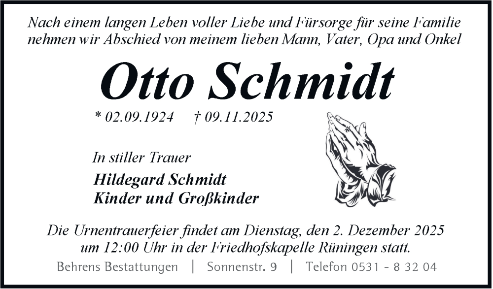  Traueranzeige für Otto Schmidt vom 22.11.2025 aus Neue Braunschweiger am Samstag