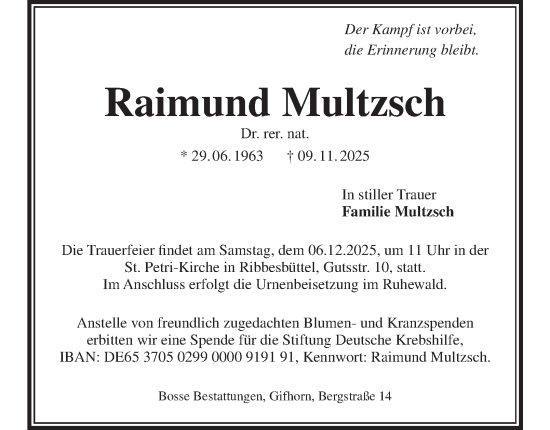 Traueranzeige von Raimund Multzsch von Braunschweiger Zeitung, Wolfsburger Nachrichten