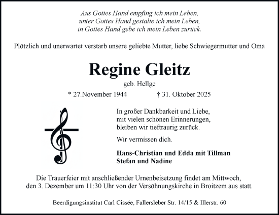 Traueranzeige von Regine Gleitz von Braunschweiger Zeitung