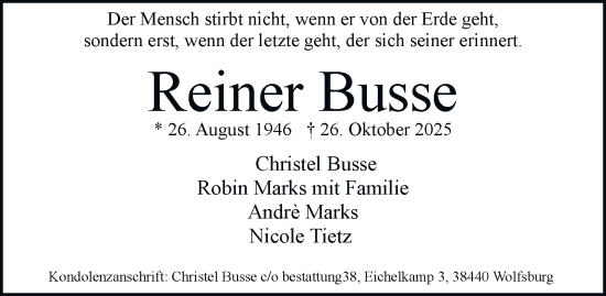 Traueranzeige von Reiner Busse von Braunschweiger Zeitung, Wolfsburger Nachrichten