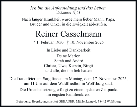 Traueranzeige von Reiner Casselmann von Braunschweiger Zeitung, Wolfsburger Nachrichten