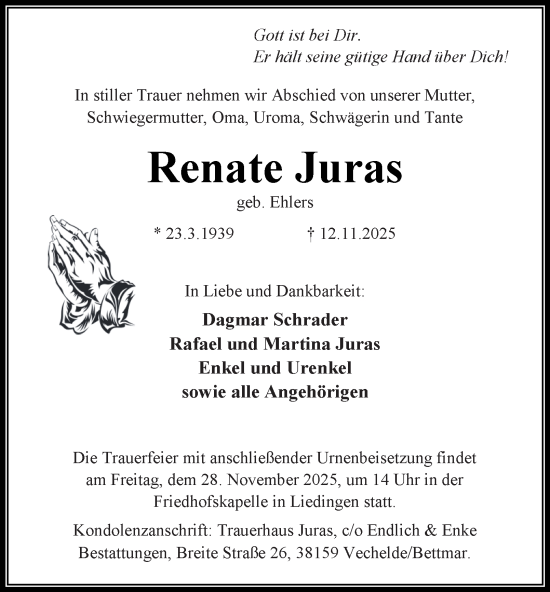 Traueranzeige von Renate Juras von Peiner Nachrichten