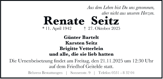 Traueranzeige von Renate Seitz von Braunschweiger Zeitung