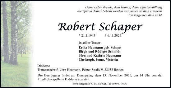 Traueranzeige von Robert Schaper von Braunschweiger Zeitung, Wolfsburger Nachrichten