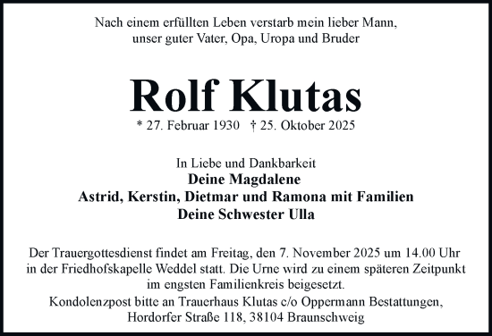 Traueranzeige von Rolf Klutas von Braunschweiger Zeitung