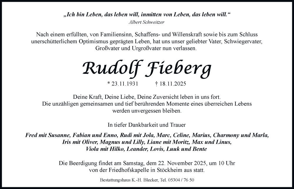  Traueranzeige für Rudolf Fieberg vom 21.11.2025 aus Braunschweiger Zeitung