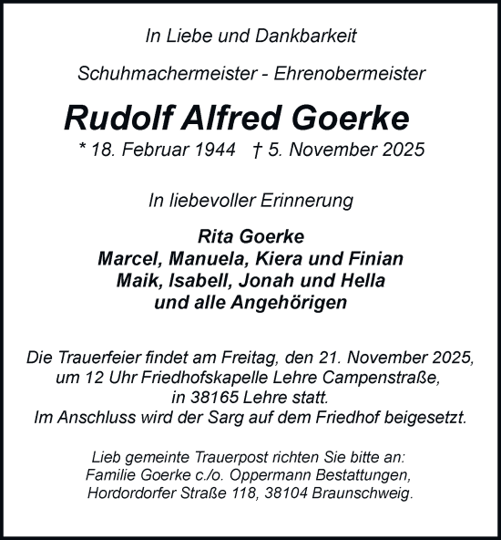 Traueranzeige von Rudolf Alfred Goerke von Braunschweiger Zeitung