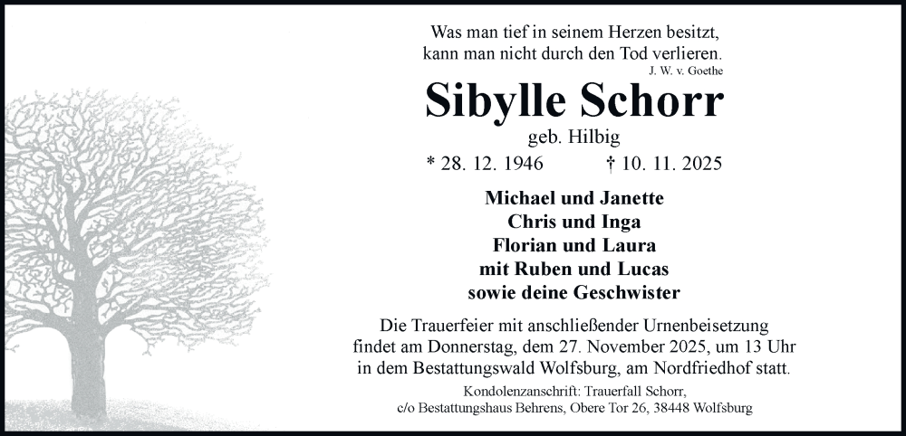  Traueranzeige für Sibylle Schorr vom 15.11.2025 aus Braunschweiger Zeitung, Wolfsburger Nachrichten