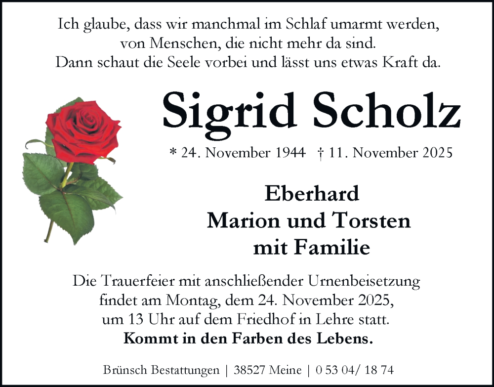  Traueranzeige für Sigrid Scholz vom 22.11.2025 aus Braunschweiger Zeitung
