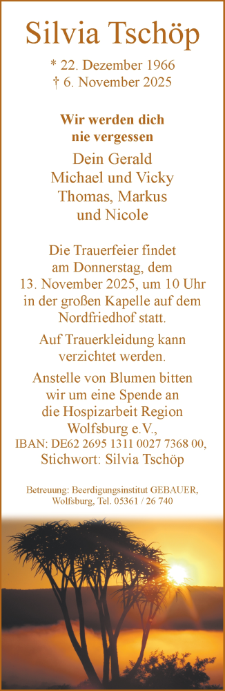 Traueranzeige für Silvia Tschöp vom 11.11.2025 aus Braunschweiger Zeitung, Wolfsburger Nachrichten