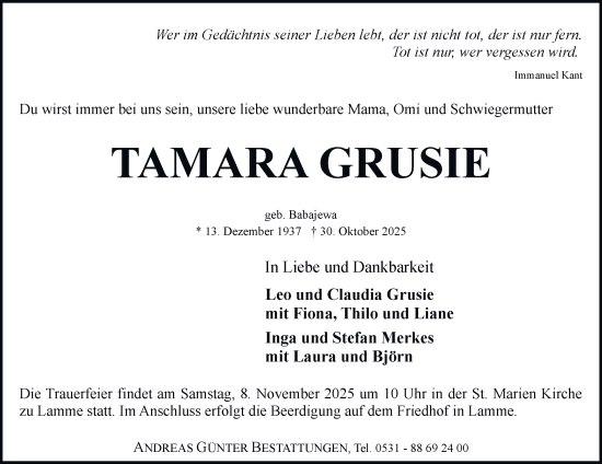 Traueranzeige von Tamara Grusie von Salzgitter-Zeitung