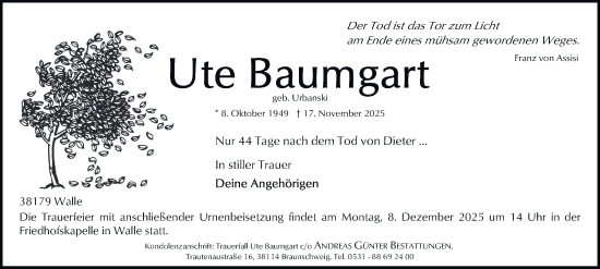 Traueranzeige von Ute Baumgart von Braunschweiger Zeitung