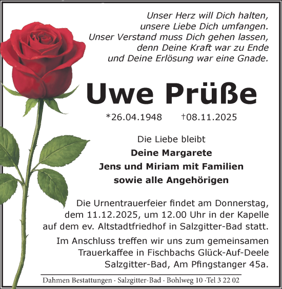 Traueranzeige von Uwe Prüße von Peiner Nachrichten