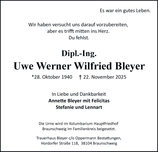 Traueranzeige von Uwe Werner Wilfried Bleyer von Braunschweiger Zeitung