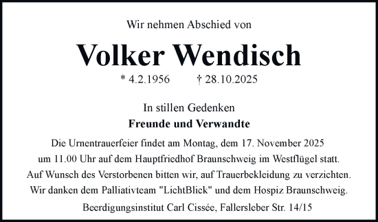 Traueranzeige von Volker Wendisch von Braunschweiger Zeitung