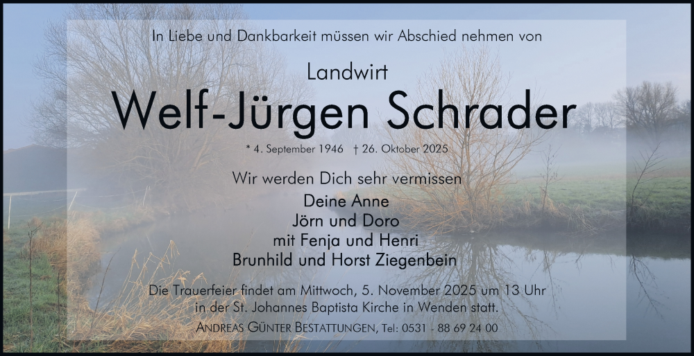  Traueranzeige für Welf-Jürgen Schrader vom 01.11.2025 aus Braunschweiger Zeitung
