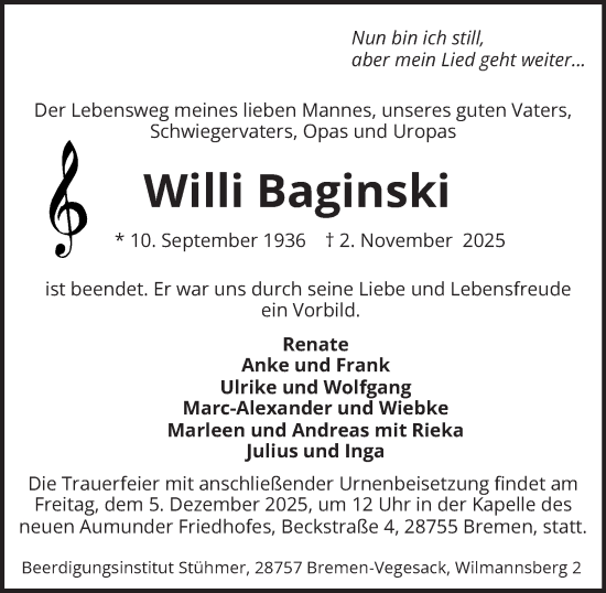 Traueranzeige von Willi Baginski von Peiner Nachrichten
