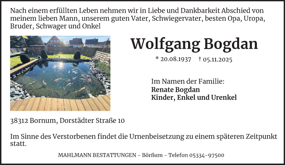  Traueranzeige für Wolfgang Bogdan vom 08.11.2025 aus Wolfenbütteler Zeitung