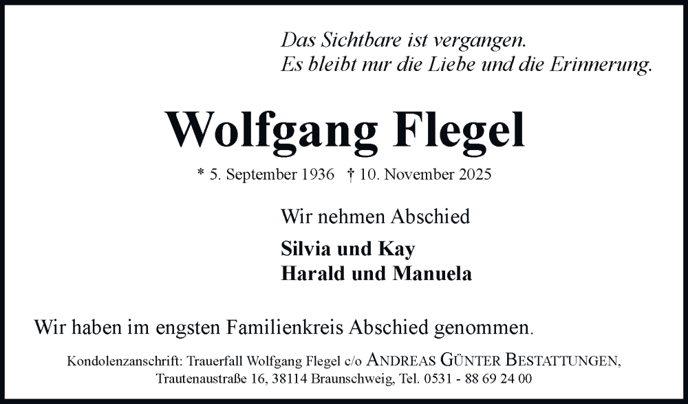  Traueranzeige für Wolfgang Flegel vom 29.11.2025 aus Braunschweiger Zeitung