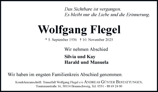 Traueranzeige von Wolfgang Flegel von Braunschweiger Zeitung