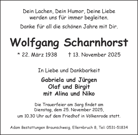 Traueranzeige von Wolfgang Scharnhorst von Braunschweiger Zeitung