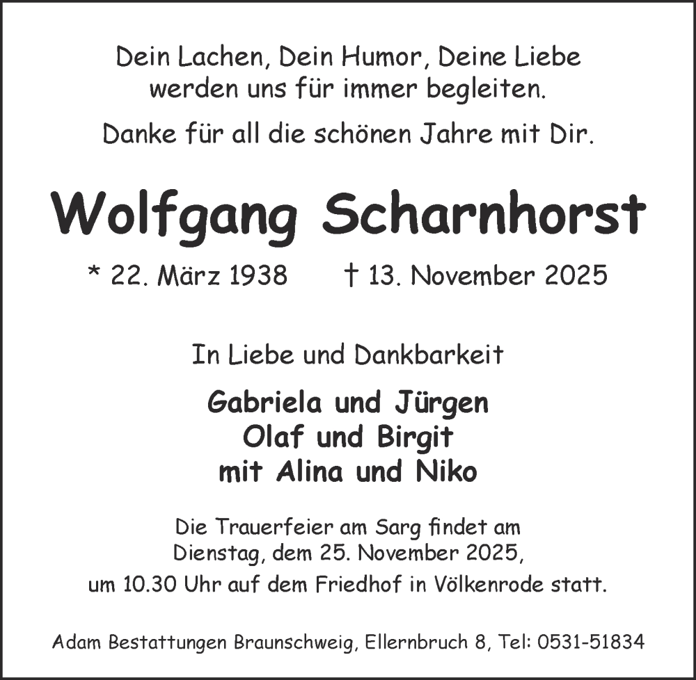  Traueranzeige für Wolfgang Scharnhorst vom 22.11.2025 aus Braunschweiger Zeitung