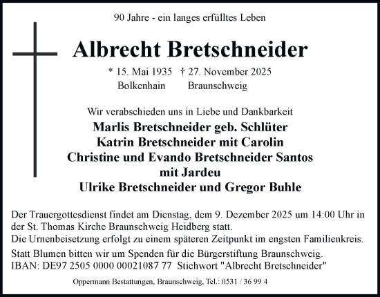Traueranzeige von Albrecht Bretschneider von Braunschweiger Zeitung