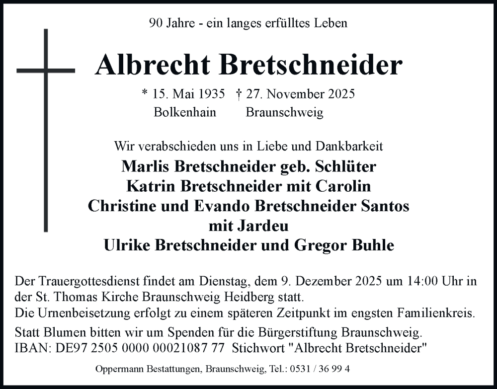  Traueranzeige für Albrecht Bretschneider vom 06.12.2025 aus Braunschweiger Zeitung