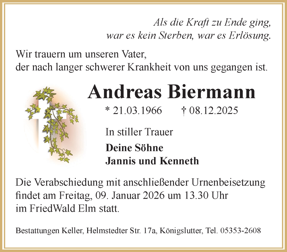  Traueranzeige für Andreas Biermann vom 27.12.2025 aus Helmstedter Nachrichten