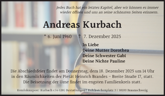 Traueranzeige von Andreas Kurbach von Braunschweiger Zeitung