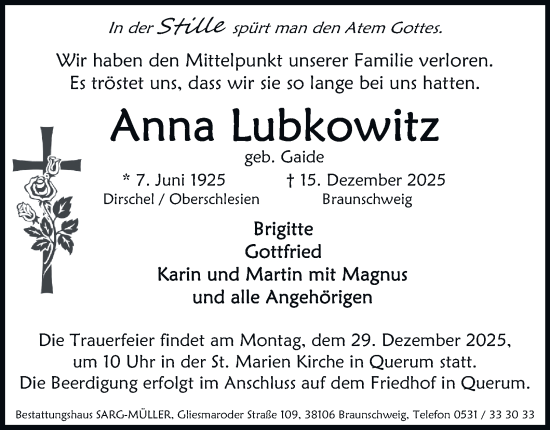 Traueranzeige von Anna Lubkowitz von Braunschweiger Zeitung