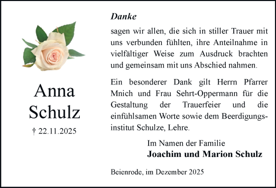 Traueranzeige von Anna Schulz von Helmstedter Nachrichten