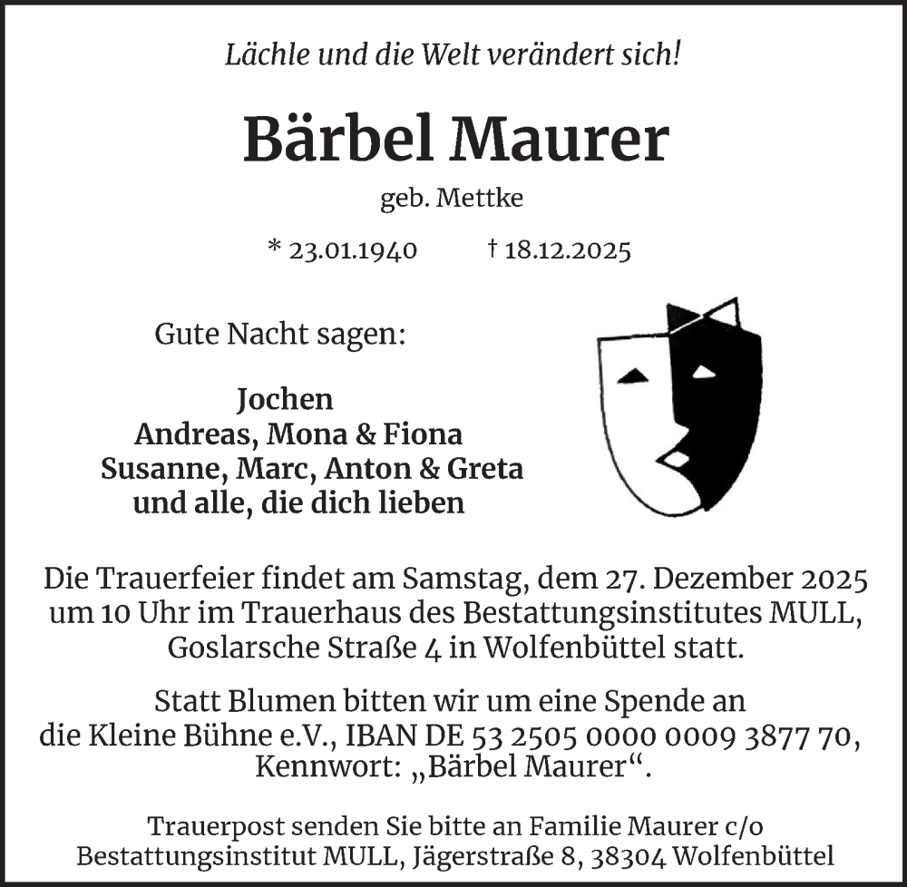  Traueranzeige für Bärbel Maurer vom 24.12.2025 aus Wolfenbütteler Zeitung