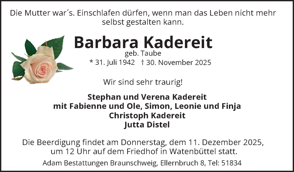  Traueranzeige für Barbara Kadereit vom 06.12.2025 aus Braunschweiger Zeitung
