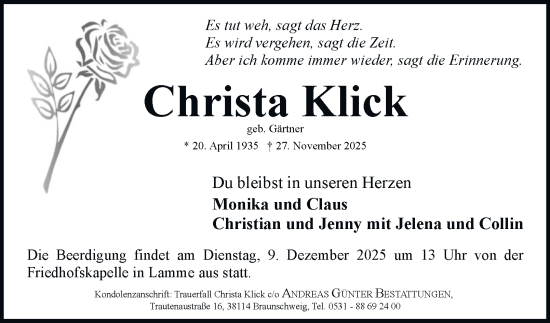 Traueranzeige von Christa Klick von Braunschweiger Zeitung