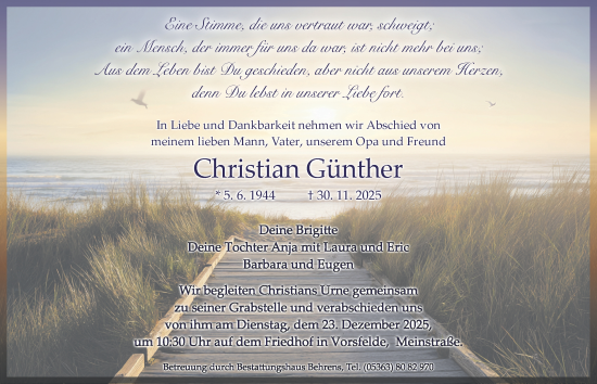 Traueranzeige von Christian Günther von Braunschweiger Zeitung, Wolfsburger Nachrichten