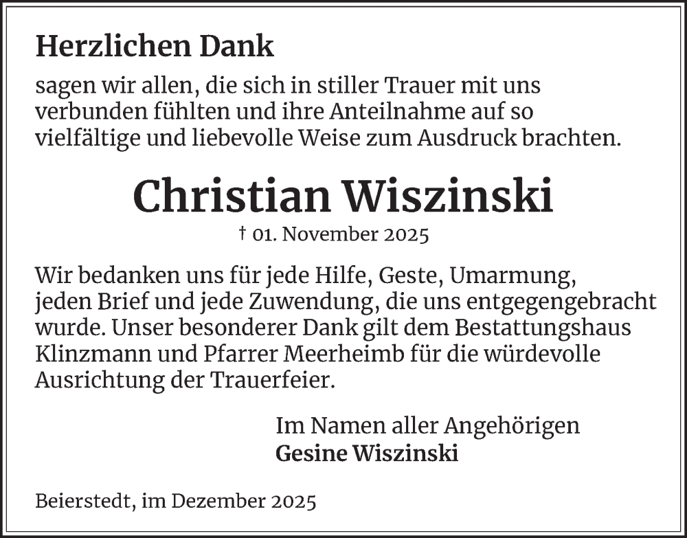  Traueranzeige für Christian Wiszinski vom 13.12.2025 aus Helmstedter Nachrichten