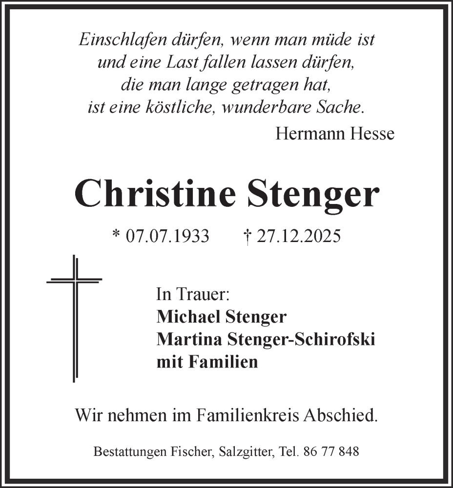  Traueranzeige für Christine Stenger vom 30.12.2025 aus Salzgitter-Zeitung