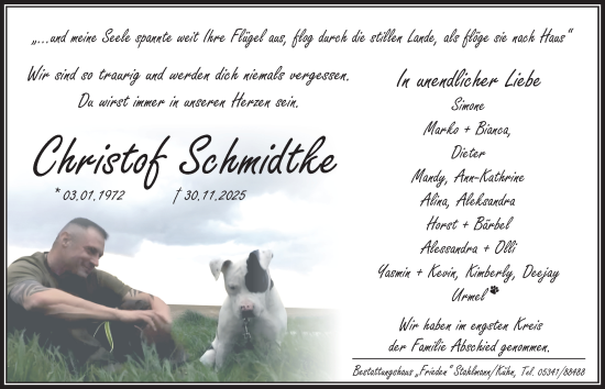 Traueranzeige von Christof Schmidtke von Neue Braunschweiger am Samstag