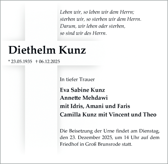 Traueranzeige von Diethelm Kunz von Helmstedter Nachrichten