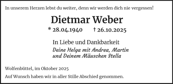 Traueranzeige von Dietmar Weber von Wolfenbütteler Zeitung
