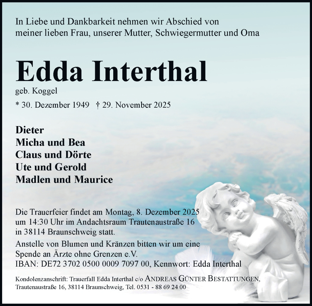  Traueranzeige für Edda Interthal vom 06.12.2025 aus Braunschweiger Zeitung