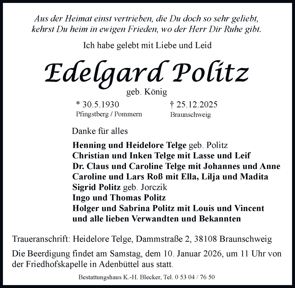  Traueranzeige für Edelgard Politz vom 31.12.2025 aus Braunschweiger Zeitung