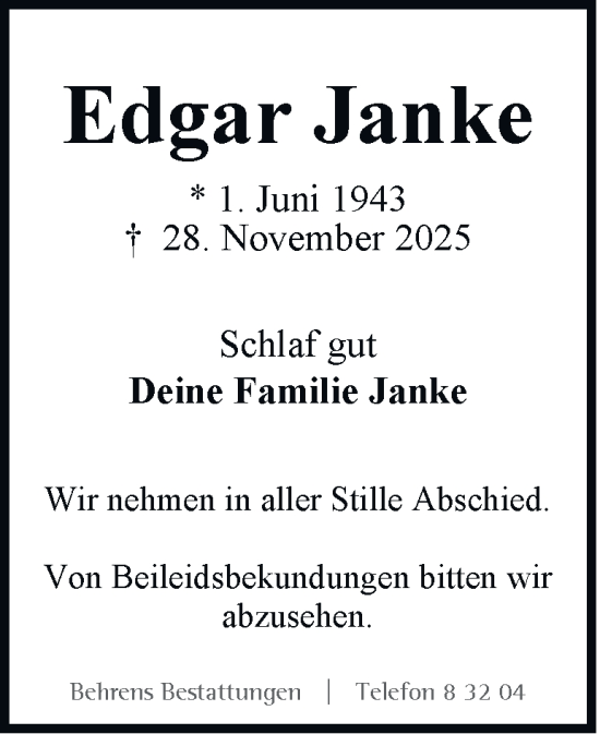 Traueranzeige von Edgar Janke von Braunschweiger Zeitung