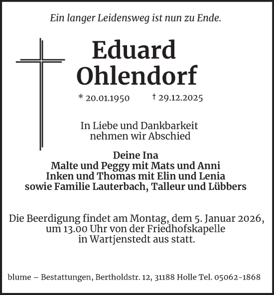 Traueranzeige von Eduard Ohlendorf von Salzgitter-Zeitung