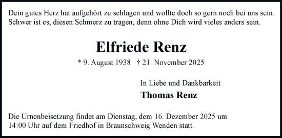 Traueranzeige von Elfriede Renz von Braunschweiger Zeitung