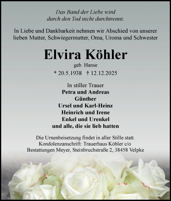 Traueranzeige von Elvira Köhler von Braunschweiger Zeitung, Wolfsburger Nachrichten